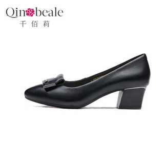 Qin&beale 千佰莉 浅口纯色尖头粗高跟简约单鞋女 82021015494  黑色 35