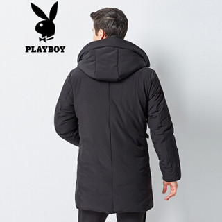 花花公子 PLAYBOY 羽绒服男2018冬季新款韩版中长款加厚连帽保暖男装外套羽绒服 68880510 黑色 190