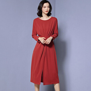 初申 气质长袖连衣裙中长款年春季新款纯色职业通勤修身打底裙子SWQZ191208 绣红色 XL