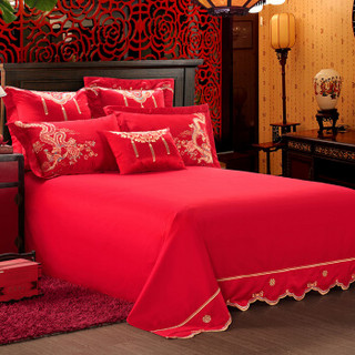 恒源祥 全棉提花大红色结婚六件套 1.8/2.0米床 被套220*240 婚庆套件 龙凤