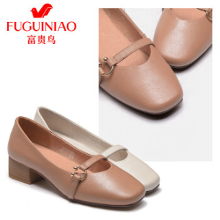 Fuguiniao 富贵鸟 粗跟女士单鞋方头复古时尚舒适套脚F853005C 杏色 36