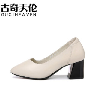 GUCIHEAVEN 古奇天伦 时尚休闲尖头粗跟低帮套脚纯色女单鞋子 9103 米色 39