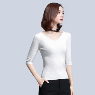 尚都比拉(Sentubila) 2019春季新款修身薄款V领针织衫女七分袖纯色打底毛衣 W73H0116531 白色 M