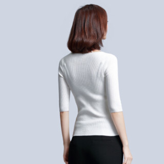 尚都比拉(Sentubila) 2019春季新款修身薄款V领针织衫女七分袖纯色打底毛衣 W73H0116531 白色 M