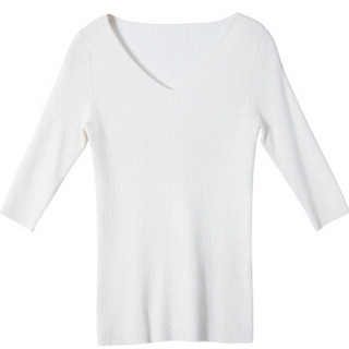 尚都比拉（Sentubila） 2019春季新款修身薄款V领针织衫女七分袖纯色打底毛衣 W73H0116531 白色 M