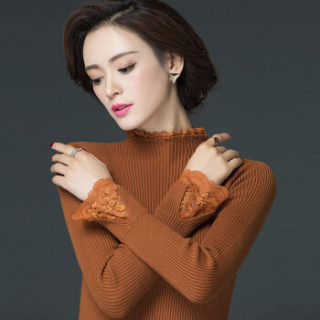 丽乔 2019春季新款针织衫女套头卷边领蕾丝边弹力打底百搭修身毛衣女 FFXMY9506/9507 9506纯白色 XL
