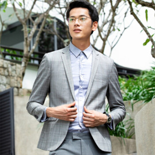 与狼共舞(DANCING WOLVES)西服男2019春季新款格纹商务绅士一粒扣休闲单西72093037310 025中花灰 50A