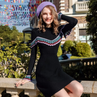 凡淑 冬季新品女装连衣裙套头保暖A字裙气质淑女针织连衣裙 KF79095FS 黑色 M