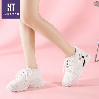 Haut Ton 皓顿 休闲小白鞋女飞织潮流时尚系带运动板NXYD020 白色 36