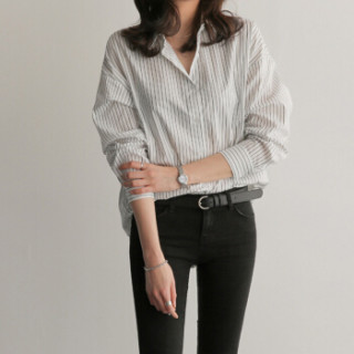 城加(CITYPLUS) 2019新款竖条纹BF长袖衬衫女上衣CWCS191114白色L