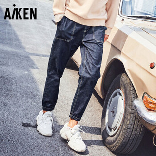 森马semir旗下品牌爱肯Aiken2019春季男装束脚慢跑牛仔长裤AK119201201牛仔深蓝L
