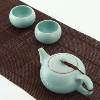 东道汝窑福缘一壶两杯组套装 景德镇陶瓷功夫茶具套装汝瓷整套茶具开片可养 单壶+2杯-天青色
