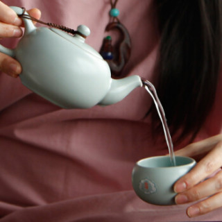 东道汝窑福缘一壶两杯组套装 景德镇陶瓷功夫茶具套装汝瓷整套茶具开片可养 单壶+2杯-天青色