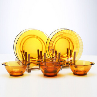 Duralex法国进口钢化玻璃碗碟盘餐具套装4人8件套彩盒装（4碗+4盘）琥珀色