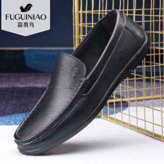 富贵鸟(FUGUINIAO)套脚男鞋头层牛皮商务休闲日常百搭S994993 黑色 42