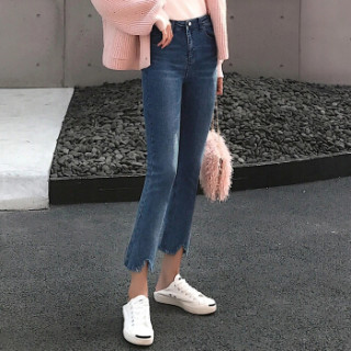 城加(CITYPLUS) 2019新款小个子女裤子九分牛仔裤阔腿微喇高腰裤CWKN191165蓝色L