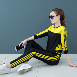 MAX WAY 女装 2019年春季新款韩版圆领印花休闲运动长袖条纹卫衣套装 MWYH051 亮黄+黑色 M
