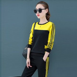 MAX WAY 女装 2019年春季新款韩版圆领印花休闲运动长袖条纹卫衣套装 MWYH051 亮黄+黑色 M