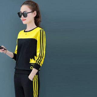 MAX WAY 女装 2019年春季新款韩版圆领印花休闲运动长袖条纹卫衣套装 MWYH051 亮黄+黑色 M