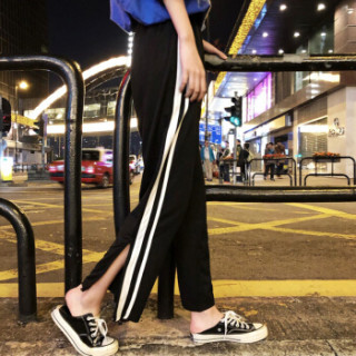 城加(CITYPLUS) 2019新款运动裤女双杠开叉拉链阔腿裤高腰休闲九分裤CWKX191128黑色M