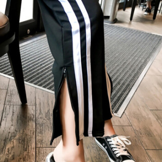 城加(CITYPLUS) 2019新款运动裤女双杠开叉拉链阔腿裤高腰休闲九分裤CWKX191128黑色M