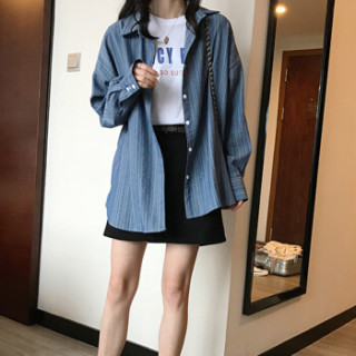 朗悦女装 长袖衬衫女2019春季新款条纹宽松上衣bf衬衣外套潮 LWCC191323 蓝色 L