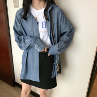 朗悦女装 长袖衬衫女2019春季新款条纹宽松上衣bf衬衣外套潮 LWCC191323 蓝色 L
