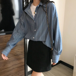 朗悦女装 长袖衬衫女2019春季新款条纹宽松上衣bf衬衣外套潮 LWCC191323 蓝色 L