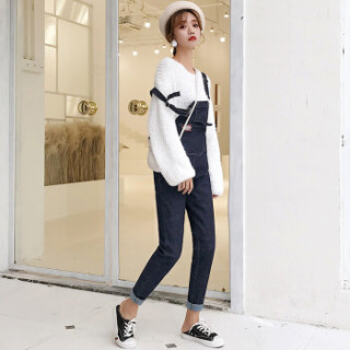 城加(CITYPLUS) 2019新款背带裤女九分宽松弹性小脚高腰背带学生裤CWKN191171深蓝色M
