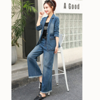 古地斯 GuDiSi时尚牛仔套装女2019春秋季新款韩版修身短外套两件套休闲阔腿裤潮G8712 浅蓝色 M