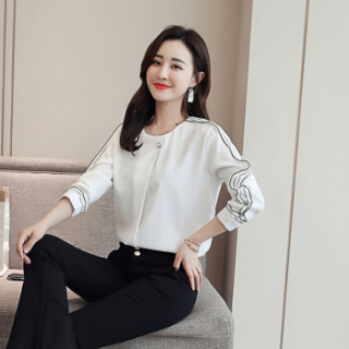 米兰茵(MILANYIN)女装 2019年春季纯色通勤套头圆领长袖直筒纽扣常规衬衫 ML19162 白色 XL