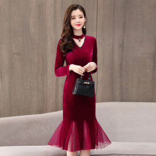 米兰茵 MILANYIN 女装 2019年春季新款修身宽松保暖舒适圆领V开口蕾丝连衣裙 ML19133 枣红色 XXL