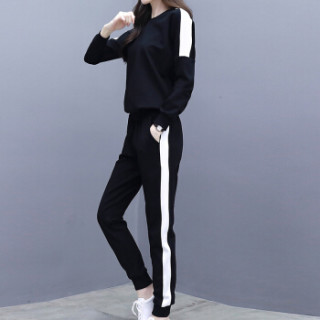 MAX WAY 女装 2019年春季新款韩版潮学生宽松圆领长袖显瘦跑步服卫衣两件套 MWYH090 黑色 S