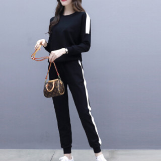 MAX WAY 女装 2019年春季新款韩版潮学生宽松圆领长袖显瘦跑步服卫衣两件套 MWYH090 黑色 S