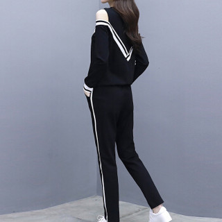 MAX WAY 女装 2019年春季新款时尚韩版宽松圆领露肩长袖卫衣两件套 MWYH089 黑色 S