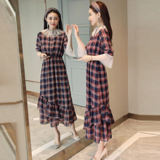 米兰茵(MILANYIN)女装 2019年春季A型长裙长袖套头高腰圆领韩版百搭宽松休闲连衣裙 ML19060 蓝格子 XL