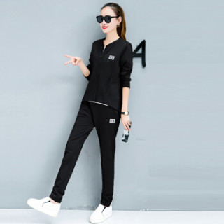 MAX WAY 女装 2019年春季新款修身显瘦休闲运动服大码卫衣直筒休闲裤套装 MWYH042 黑色 XL
