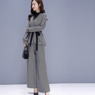 米兰茵 MILANYIN 女装 2019春季时尚简约条纹优雅时尚修身上衣+裤子两件套 ML19105 图片色 XL