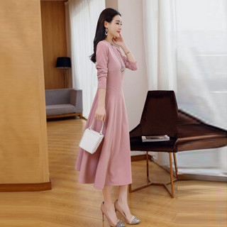 米兰茵（MILANYIN）女装 2019年春季圆领长袖长裙拉链X型舒适修身纯色连衣裙 ML19052 皮粉色 L