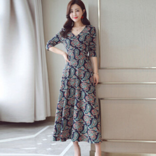 米兰茵 MILANYIN 女装 2019年春季新款V领潮流拼接气质时尚休闲长袖收腰连衣裙 ML19205 绿色花 L