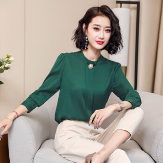 奥豚 AOTUN纯色立领真丝衬衫女式长袖2019春装新款宽松桑蚕丝上衣 AS-13 大红 XL