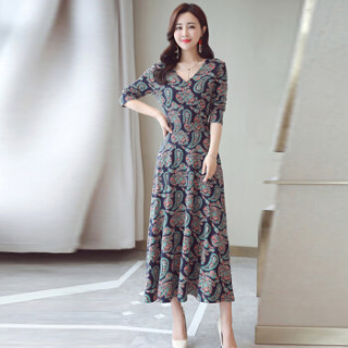 米兰茵 MILANYIN 女装 2019年春季新款V领潮流拼接气质时尚休闲长袖收腰连衣裙 ML19205 绿色花 L