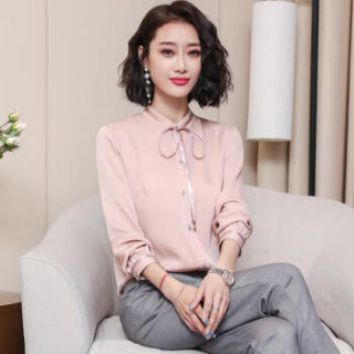 仙丫 2019春季新款女装新品衬衫女桑蚕丝真丝长袖韩版显瘦蝴蝶结衬衣飘带款上衣 yzasC-18 雅黑色 XXL