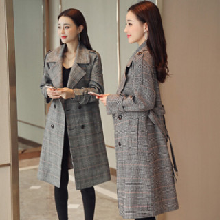 米兰茵(MILANYIN)女装 2019年春季时尚潮流舒适简约个性中长款长袖格子风衣 ML19181 灰格 M
