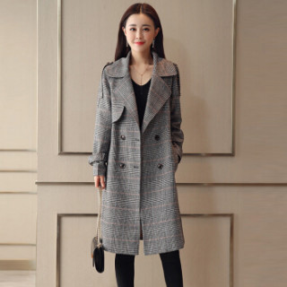 米兰茵(MILANYIN)女装 2019年春季时尚潮流舒适简约个性中长款长袖格子风衣 ML19181 灰格 M