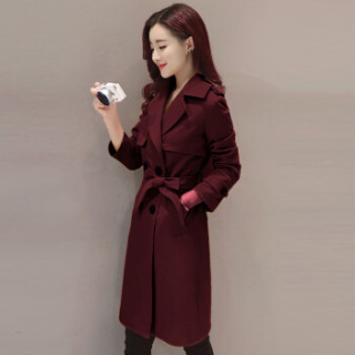 米兰茵(MILANYIN)女装 2019年春季时尚潮流舒适简约个性修身中长款纯色长袖风衣 ML19174 酒红色 2XL