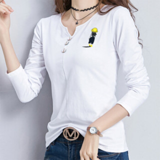 LAXJOY 朗悦 圆领常规款长袖女士T恤 LWTC191374 白色 M