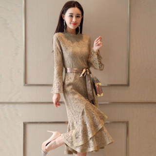 米兰茵(MILANYIN)女装 2019年春季褶皱潮流休闲时尚清纯甜美优雅鱼尾裙连衣裙 ML19057 卡其色 M