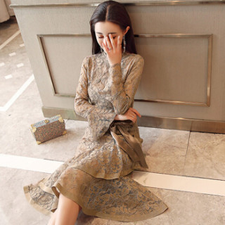 米兰茵(MILANYIN)女装 2019年春季褶皱潮流休闲时尚清纯甜美优雅鱼尾裙连衣裙 ML19057 卡其色 M