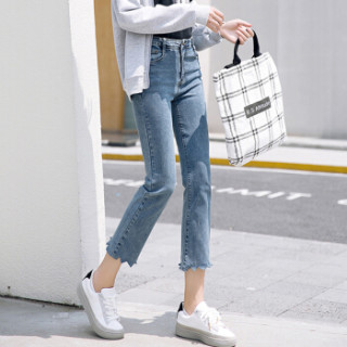 朗悦女装 2019春季新款高腰牛仔长裤女宽松休闲复古直筒裤 LWKN191308 蓝色 29